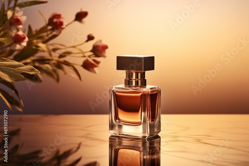 Stylish perfume composition, bottle of luxury perfume on soft background photo