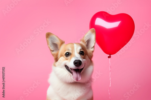 Cute corgi dog with a heart shaped balloon on pink background, fun love and Valentine's day or birthday greeting card photo