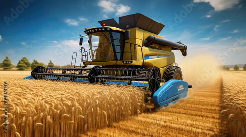  ombine harvester harvesting wheat from the field