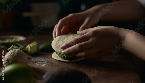 Homemade bread dough preparation on rustic wooden cutting board indoors generated by AI