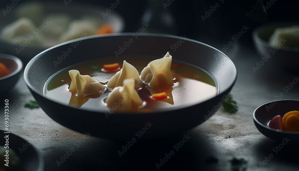 Fresh vegetable soup in a rustic wooden bowl for healthy eating generated by AI Fresh vegetable soup in a rustic wooden bowl for healthy eating generated by AI