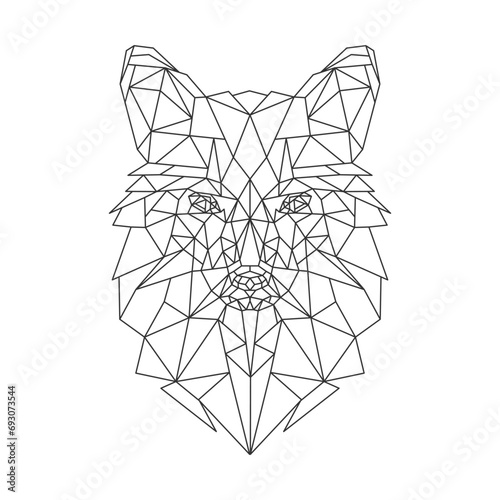 Wolf head, geometric polygonal animal illustration, outline. Poster, logo, wall art. Line art, vector