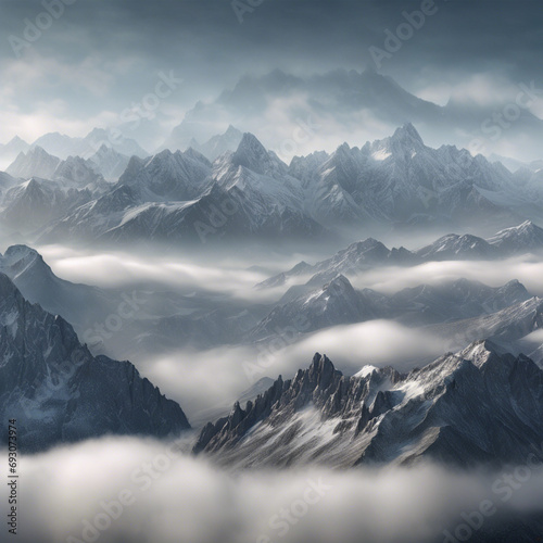 Panoramic view of a landscape featuring a long range of steep, rocky mountains. © Jose angel