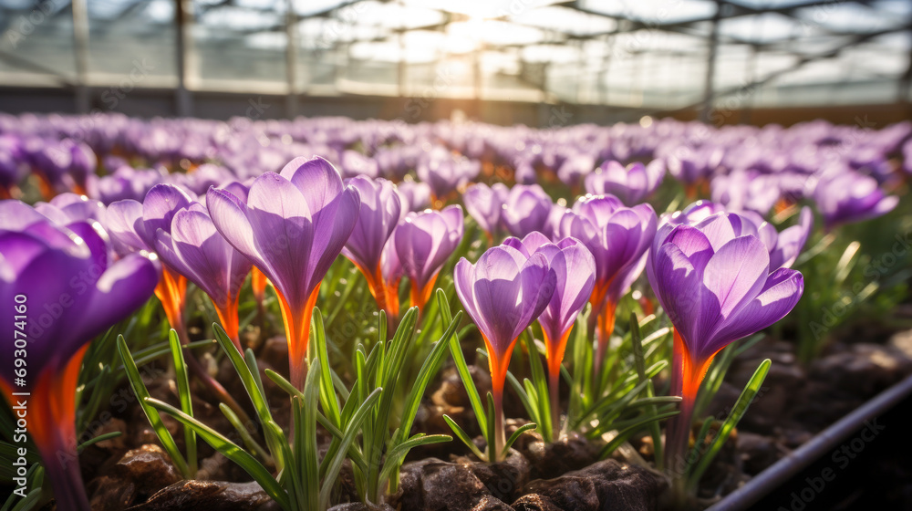 Flowers crocuses in a greenhouse, modern business and private entrepreneurship, a gift for a holiday. Purple - obrazy, fototapety, plakaty 