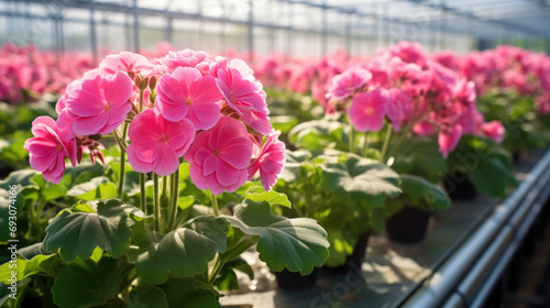 Flowers geranium in a greenhouse, modern business and private entrepreneurship, a gift for a holiday. Pink