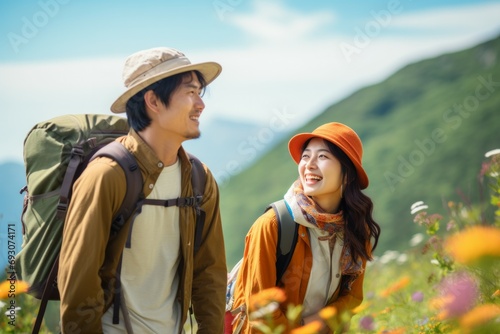  Hikings couple asian walking travel together at forest for camping on holiday weekend talking about something on the go near river and mountain view.