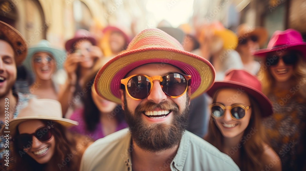 Joyful man taking a selfie with hat and sunglasses, travel concept on blurred background