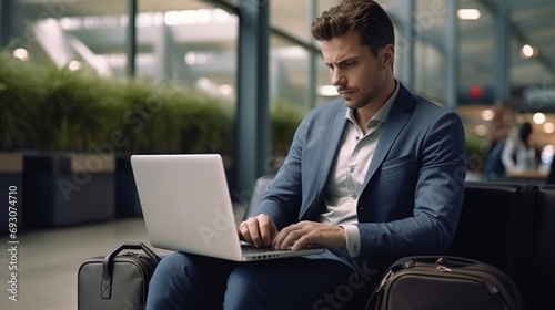 Businessman Hispanic male wearing suit sitting in the international airport waiting to travel, mature business owner man working on laptop remotely in passenger room or lounge for business trip