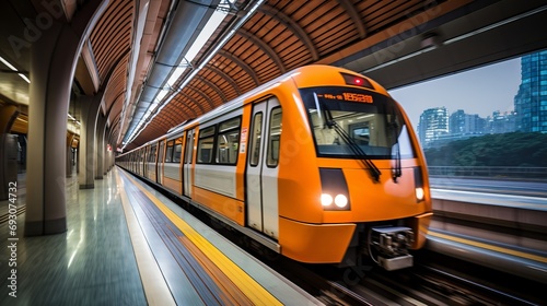 Sleek and modern subway train in motion against the backdrop of a vibrant urban cityscape photo