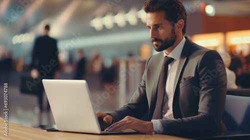Attractive businessman remotely working in cafe restaurant using technology wireless laptop, corporate manager male prepare report present customer outside the office, business entrepreneur lifestyle © Rakchanika
