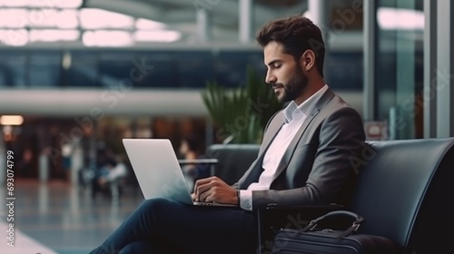 Corporate office manger or business entrepreneur traveling sitting in the airport using laptop technology wireless working while waiting for flight, Indian man wearing suit and bag in business trip