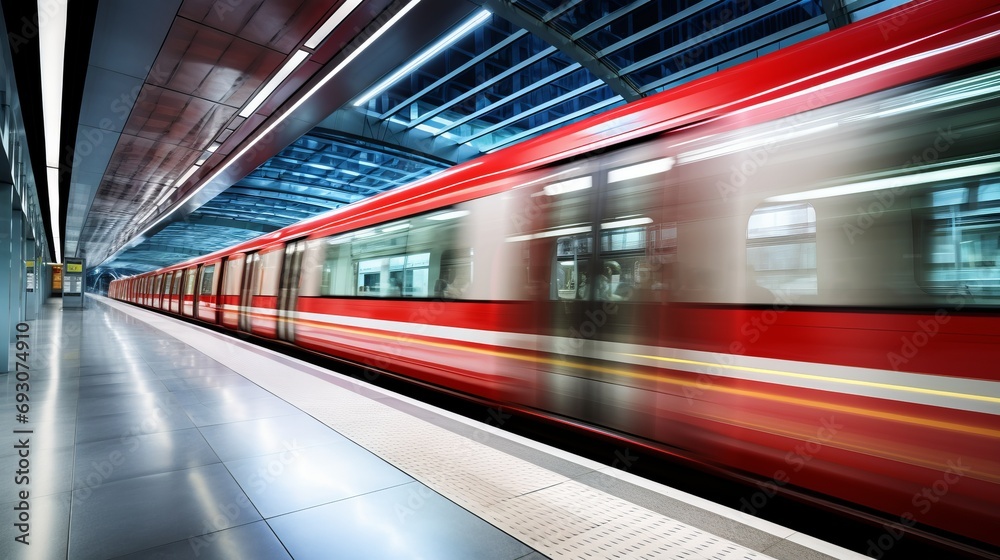 Modern subway train in motion on a vibrant cityscape, futuristic urban transportation concept
