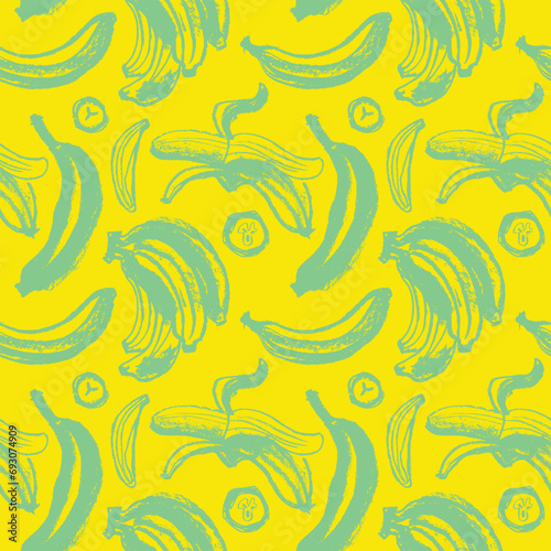 Color banana pattern seamless for banner template. Banana wallpaper. Tropical ornament with crayon texture. Vector bananas background.