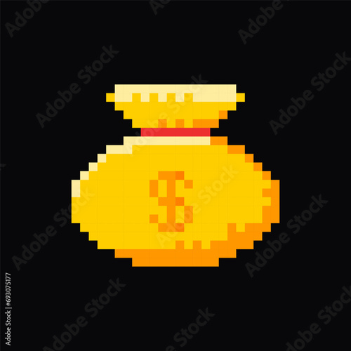 Sack with money, pixel art icon, 8-bit sprite, bag of gold coins. Isolated vector illustration for pixel art games.