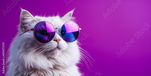 Portrait of a white fluffy cat wearing round sunglasses. Luxurious domestic kitty in glasses poses on pink background wall
