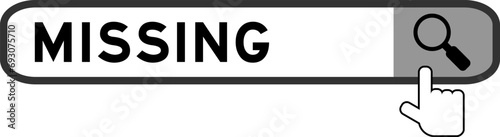 Search banner in word missing with hand over magnifier icon on white background