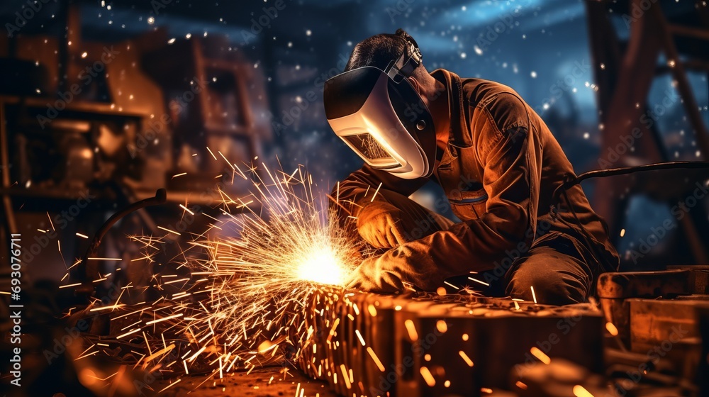 Skilled worker performing precise arc welding with electric welder in modern workshop Skilled worker performing precise arc welding with electric welder in modern workshop