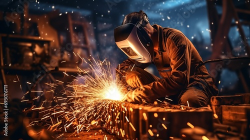 Skilled worker performing precise arc welding with electric welder in modern workshop