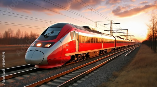 Sleek and futuristic high speed train rushing along the tracks with incredible speed and precision