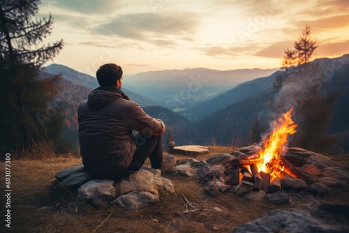A man sitting in the mountains by the fire, relaxing and enjoying the beautiful view at sunset photo