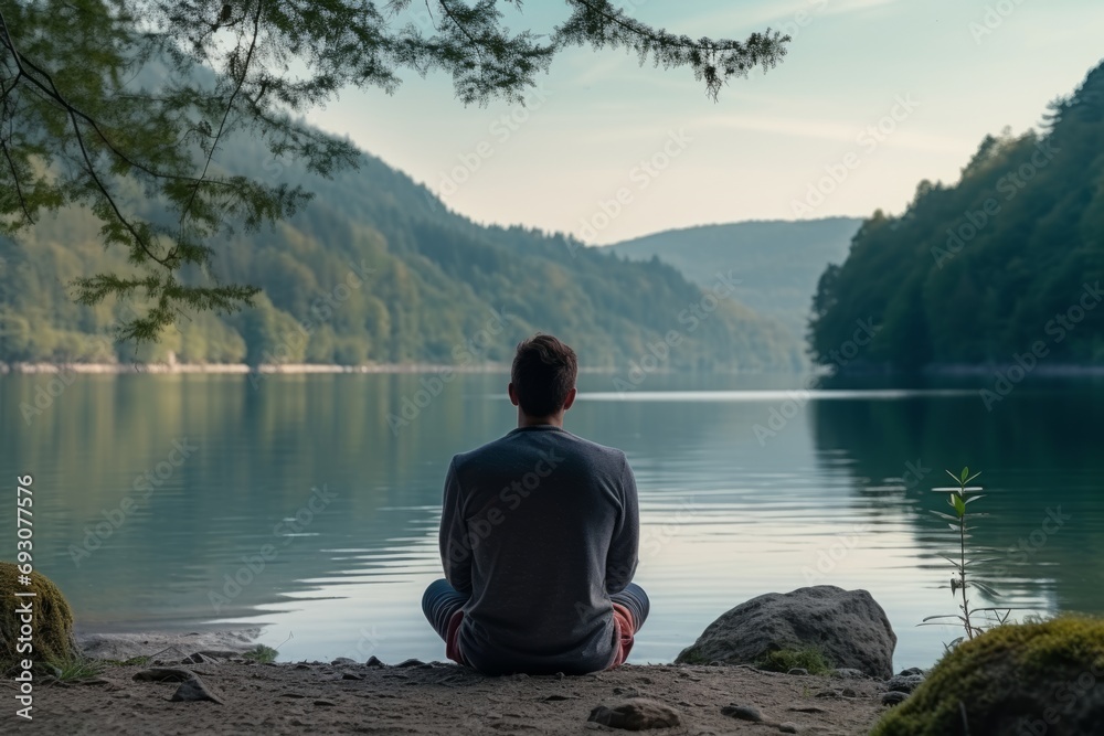 Back view of a man sits on the shore of a lake and admires the mountains view. Digital detox concept