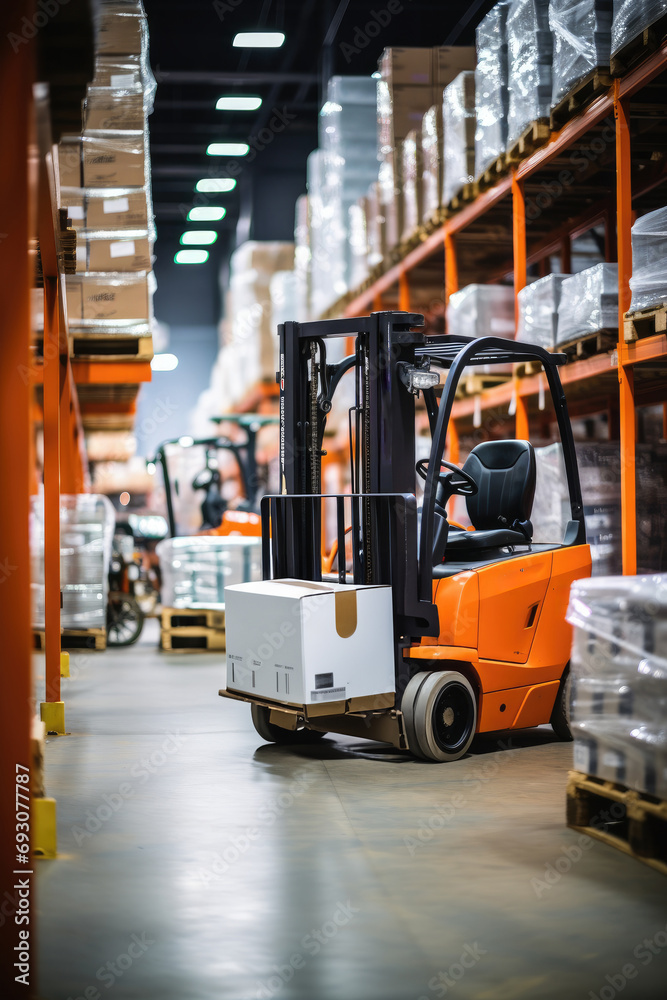 Efficient warehouse operations with forklifts, shelves, and workers managing logistics, transportation, and distribution of merchandise and goods.