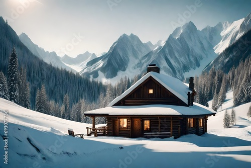 A cozy cabin nestled amidst a snowy mountain range