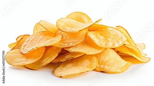 Tasty potato chips isolated on white background with ample copy space for text or design elements photo