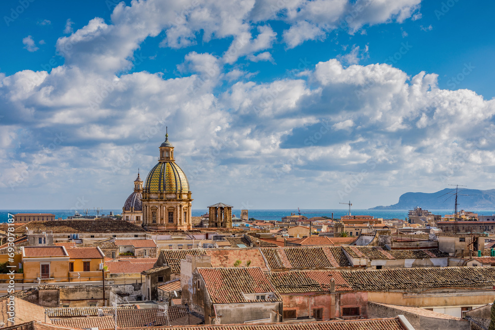 Skyline of Palermo city seen from the rooftops, Italy