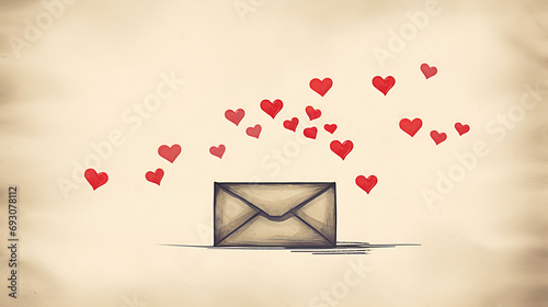 Sketch style drawing of an envelope on old paper. Red hearts above the envelope. Valentine's Day. photo