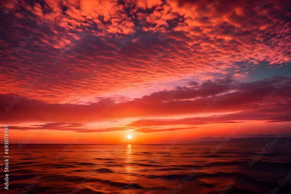 The horizon over the ocean glowing with hues of orange and pink as the sun rises, reflecting on the calm waters