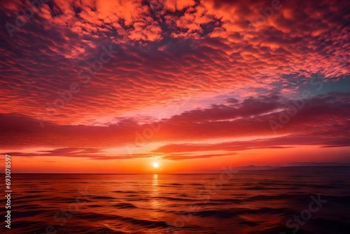 The horizon over the ocean glowing with hues of orange and pink as the sun rises, reflecting on the calm waters