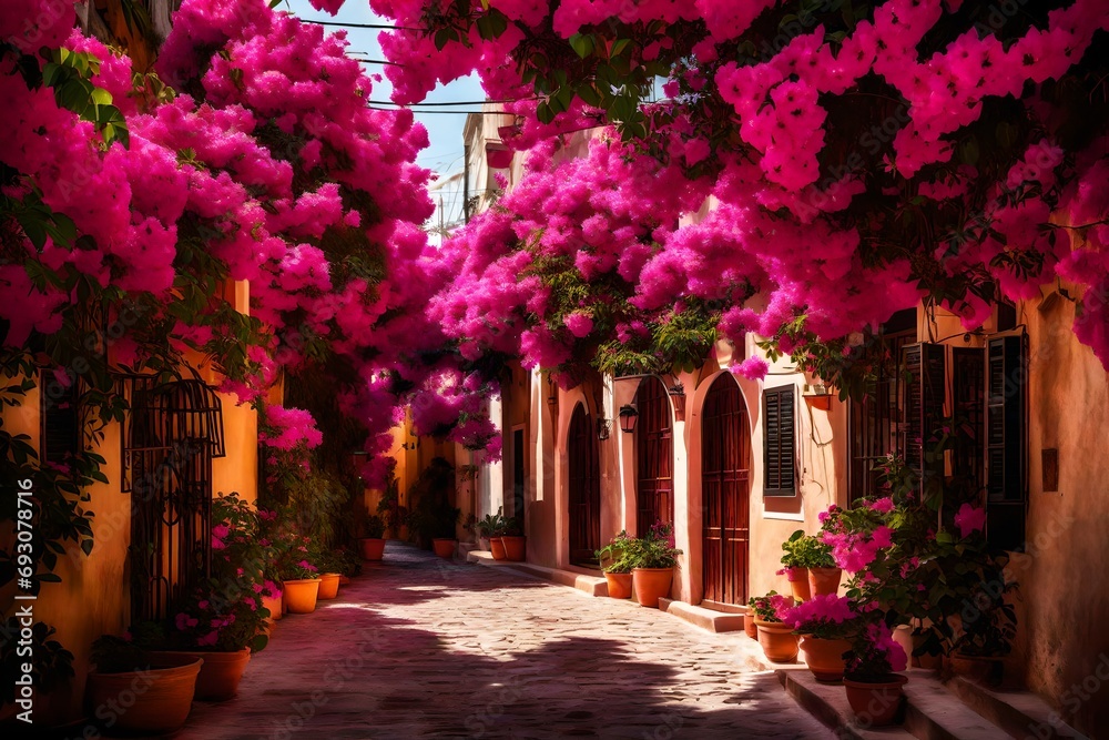 An enchanting alley bordered by lush pink bougainvillea, the sound of a gentle breeze