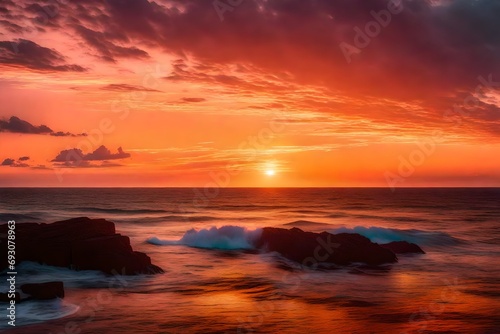 The horizon over the ocean glowing with hues of orange and pink as the sun rises  reflecting on the calm waters