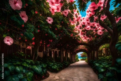 A picturesque walkway under intertwined pink hibiscus bushes, a clear blue sky above © Creative artist1
