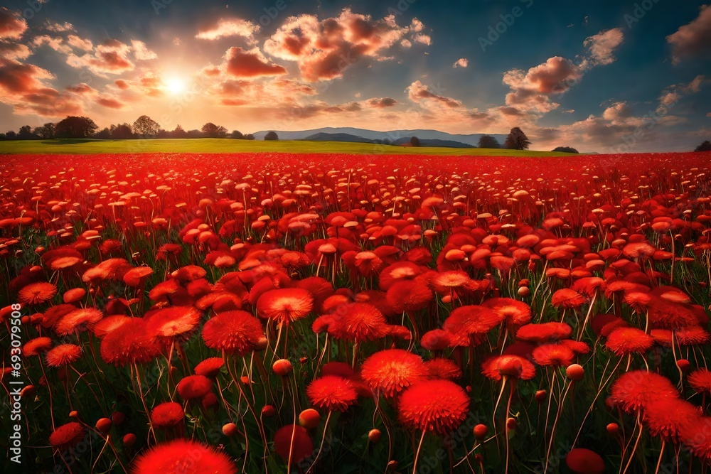 A field of bright red dandelions under a clear blue sky