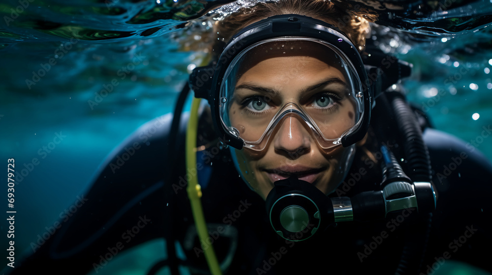 a female marine biologist conducts research underwater, studying coral reefs to find solutions for their preservation. 