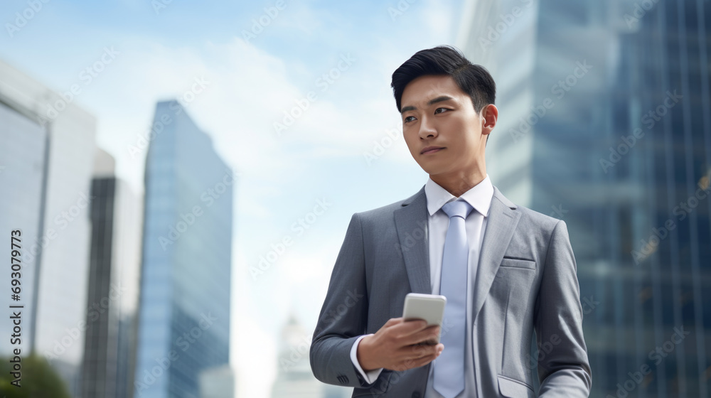 Woman is looking at his smartphone, standing on an urban sidewalk with buildings in the background. Woman is looking at his smartphone, standing on an urban sidewalk with buildings in the background.