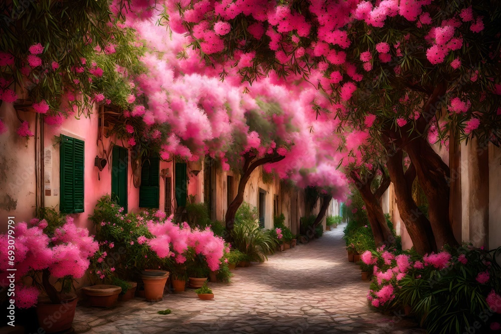 A romantic alley under a canopy of pink oleander, the sound of chirping birds in the background