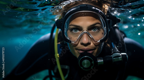 a female marine biologist conducts research underwater, studying coral reefs to find solutions for their preservation. 