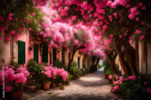 A romantic alley under a canopy of pink oleander, the sound of chirping birds in the background