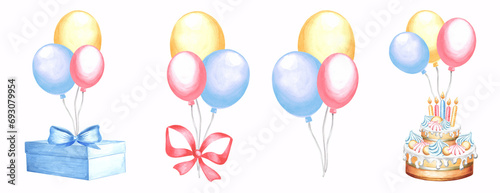 Watercolor set of holiday balloons with cake, giftbox and bow. Template illustration of Happy birthday. Isolated bunch of colorful balloons. Clipart for greeting cards, invitation, wrapper, sticker