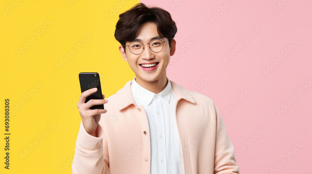 Young man smiling and holding his smartphone on a colored background Young man smiling and holding his smartphone on a colored background