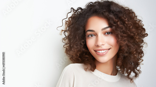 Happy satisfied cute, pretty, mix race woman portrait isolated on white background.