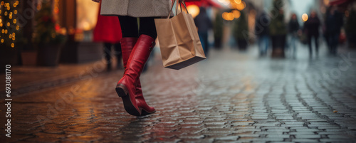a women shopping in a coat and red boots walking on a cobblestone street with shopping bags in hand.