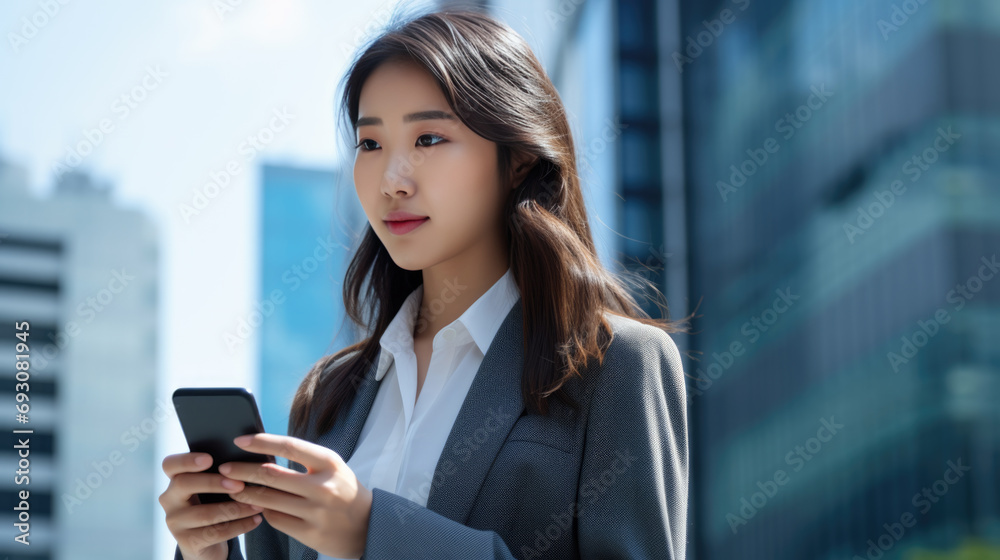 Asian woman in a business suit looking at her smartphone with modern skyscrapers in the background. Asian woman in a business suit looking at her smartphone with modern skyscrapers in the background.