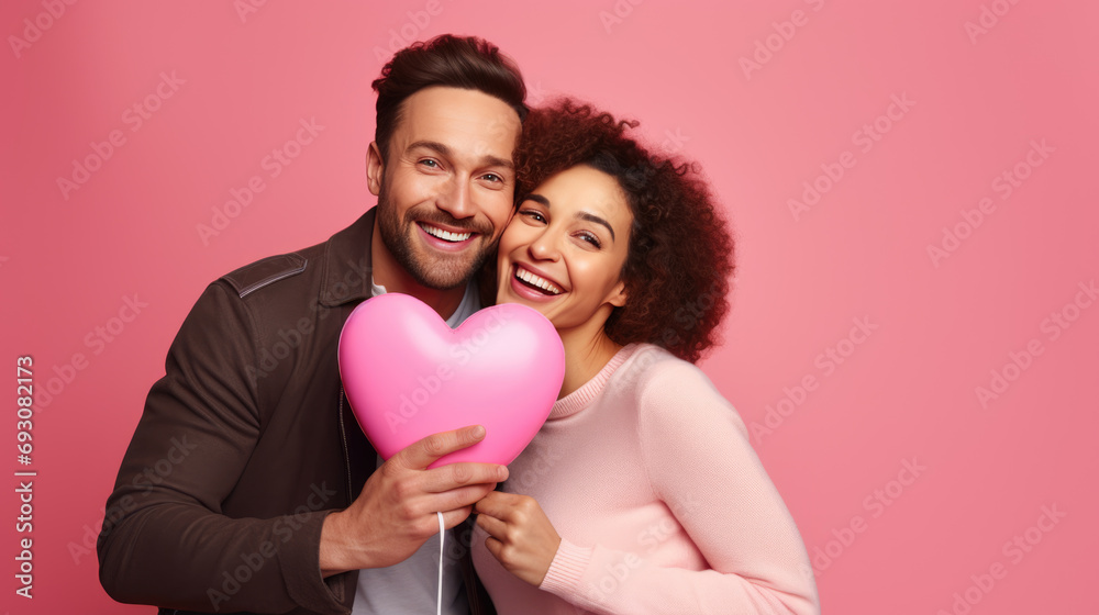 happy couple closely embracing and smiling against a pink background.