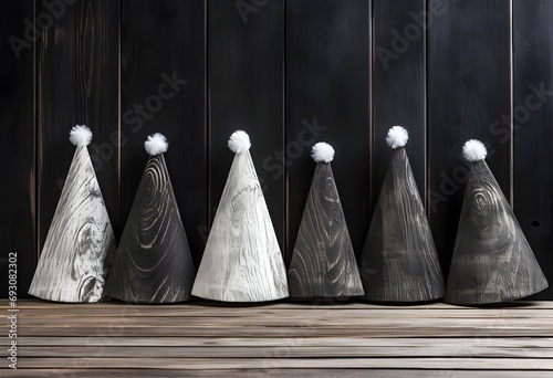Santa Claus hats on wooden background. Merry Christmas and Happy New Year.