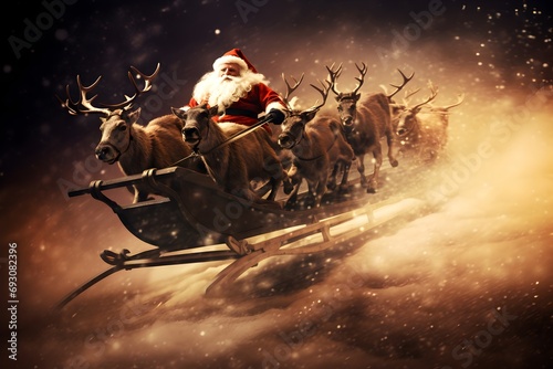 Santa Claus rides on a sleigh with reindeers. Christmas. Santa Claus driving reindeer sleigh with sack full of gifts.
