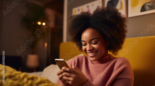 Smiling woman is looking at her smartphone while sitting comfortably in a cozy bedroom